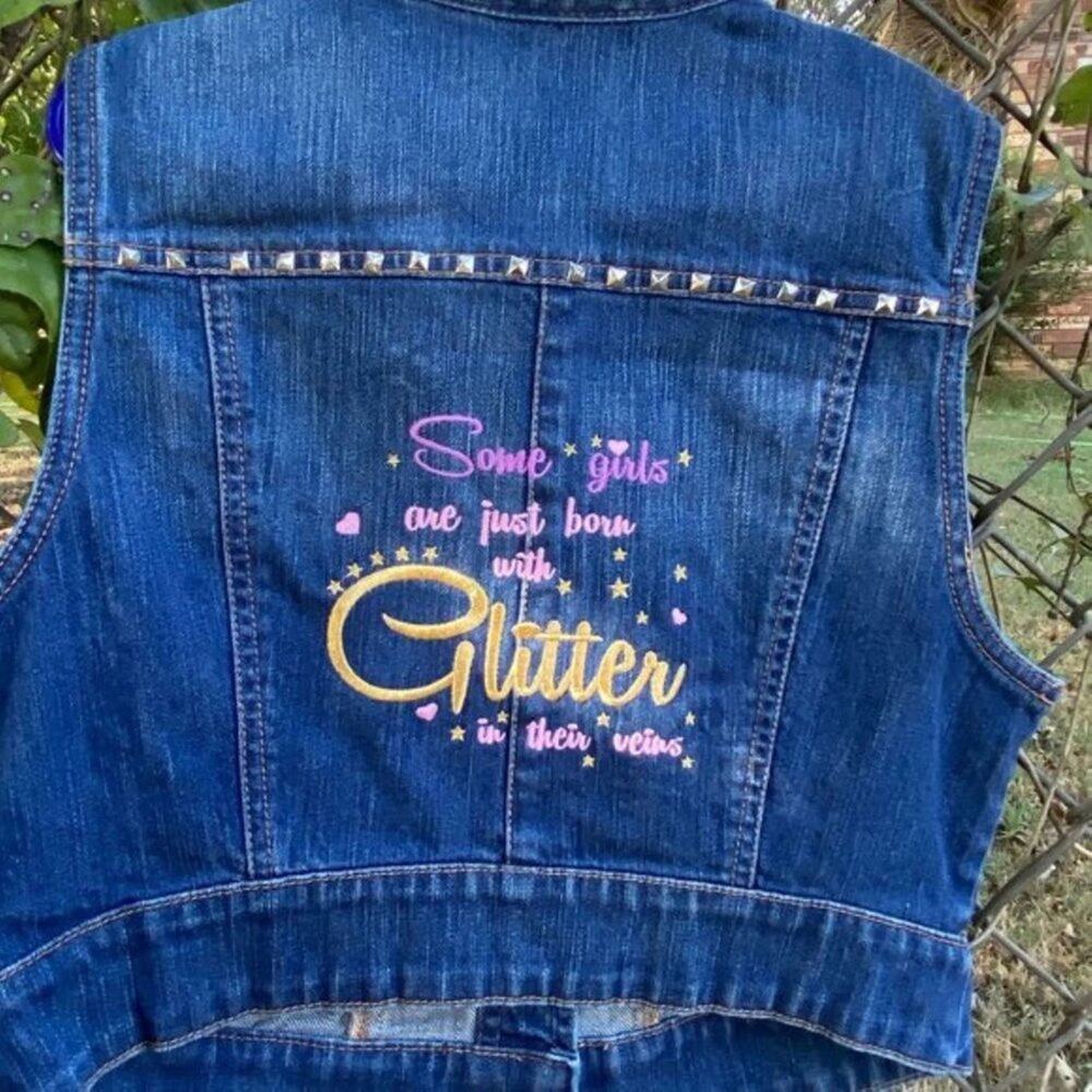 New York & Co SZ XS Denim Vest Custom Embroidered Girl's Teen's Glitter Barbie